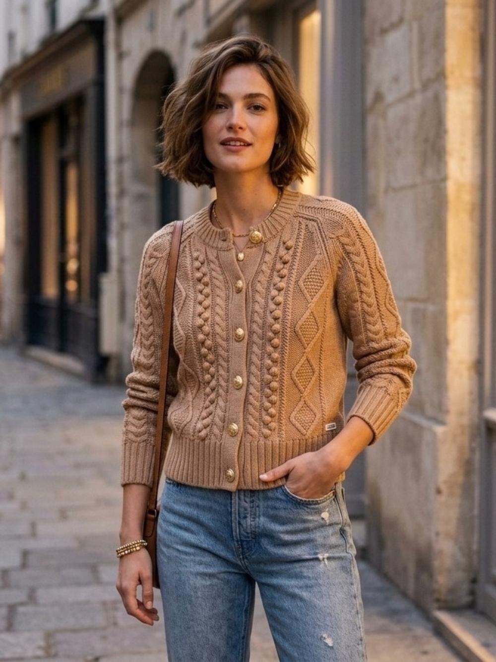J. Crew Camel Cable-Knit Button-Front Cardigan